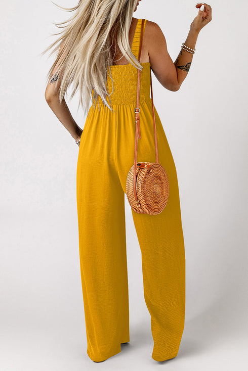 Smocked Sleeveless Solid Wide Leg Pocket Jumpsuit