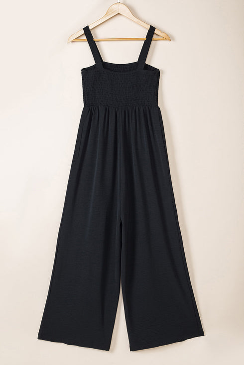 Smocked Sleeveless Solid Wide Leg Pocket Jumpsuit