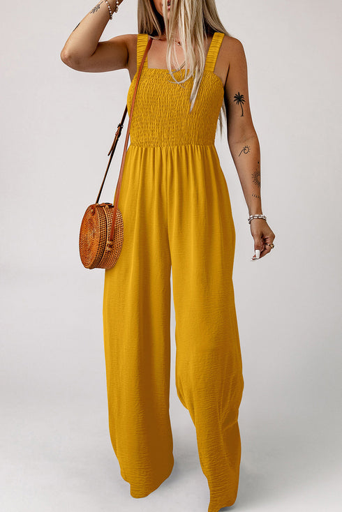 Smocked Sleeveless Solid Wide Leg Pocket Jumpsuit