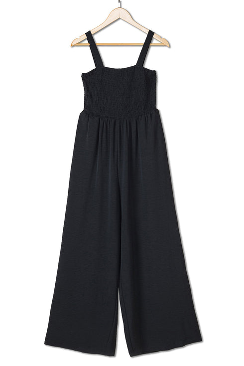 Smocked Sleeveless Solid Wide Leg Pocket Jumpsuit