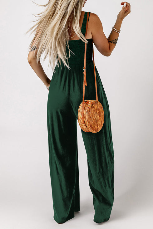 Smocked Sleeveless Solid Wide Leg Pocket Jumpsuit