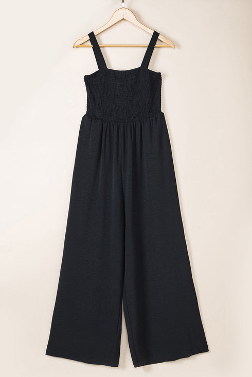 Smocked Sleeveless Solid Wide Leg Pocket Jumpsuit