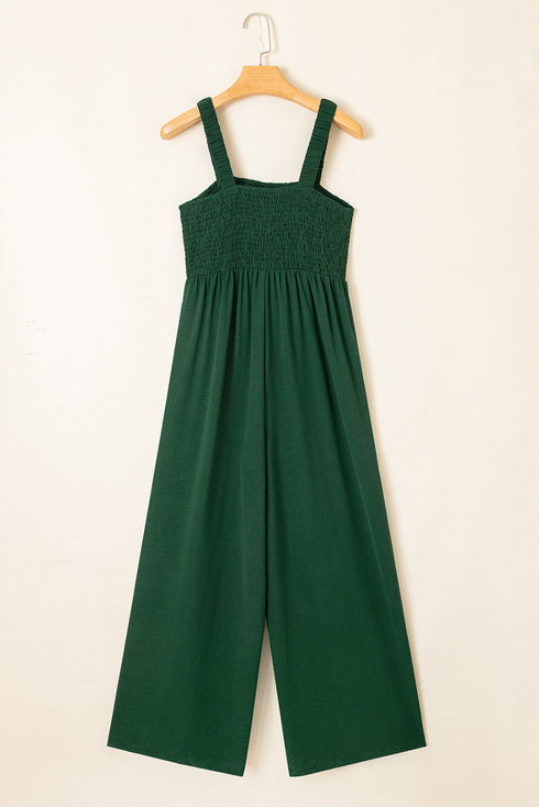 Smocked Sleeveless Solid Wide Leg Pocket Jumpsuit