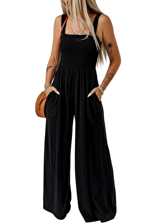 Smocked Sleeveless Solid Wide Leg Pocket Jumpsuit