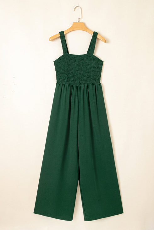 Smocked Sleeveless Solid Wide Leg Pocket Jumpsuit