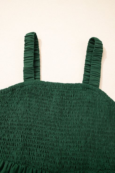Smocked Sleeveless Solid Wide Leg Pocket Jumpsuit