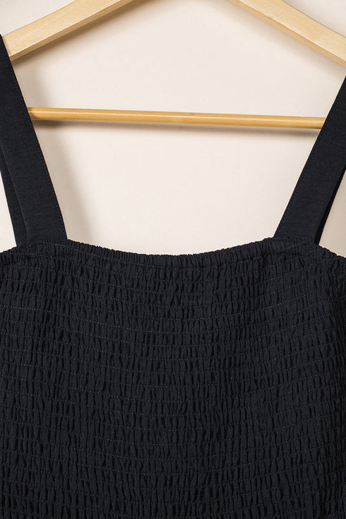 Smocked Sleeveless Solid Wide Leg Pocket Jumpsuit