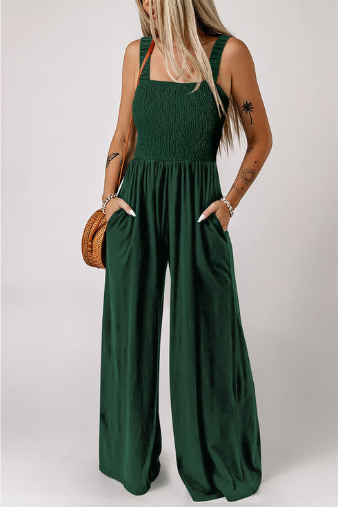 Smocked Sleeveless Solid Wide Leg Pocket Jumpsuit