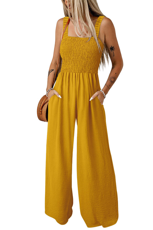 Smocked Sleeveless Solid Wide Leg Pocket Jumpsuit
