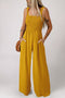 Smocked Sleeveless Solid Wide Leg Pocket Jumpsuit