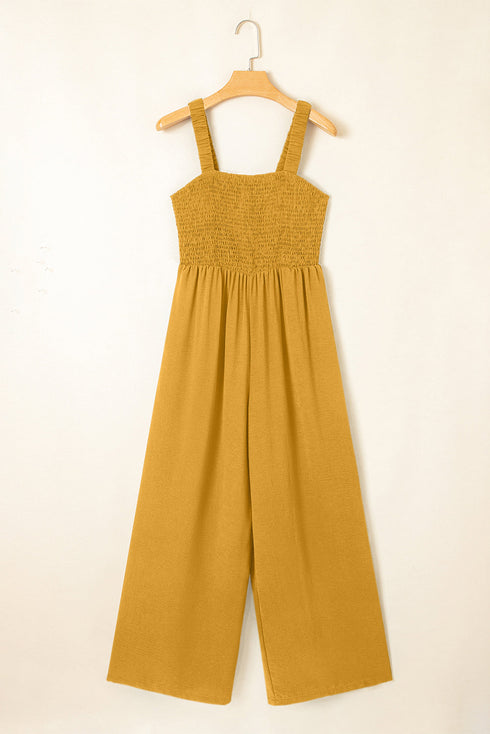 Smocked Sleeveless Solid Wide Leg Pocket Jumpsuit