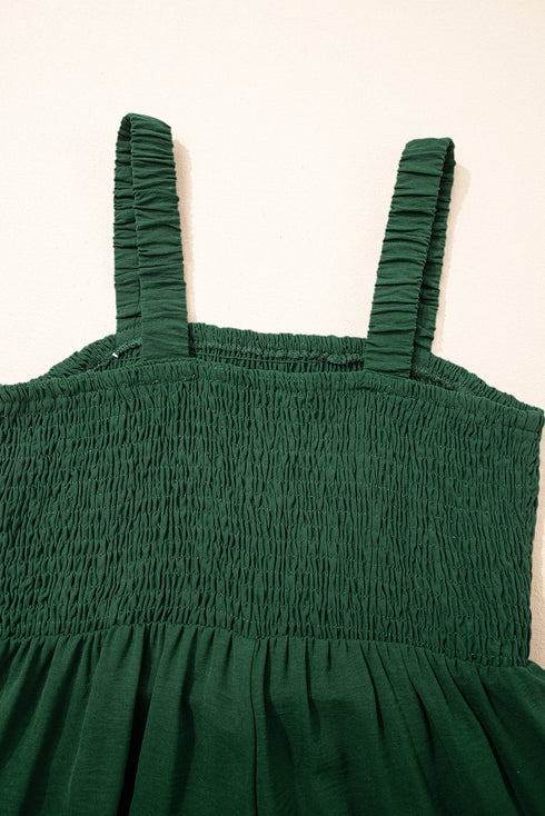 Smocked Sleeveless Solid Wide Leg Pocket Jumpsuit