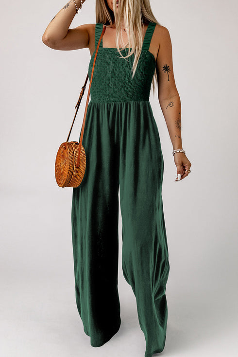 Smocked Sleeveless Solid Wide Leg Pocket Jumpsuit
