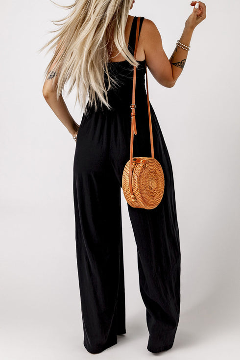 Smocked Sleeveless Solid Wide Leg Pocket Jumpsuit
