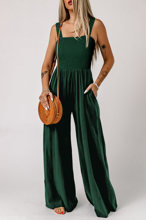 Smocked Sleeveless Solid Wide Leg Pocket Jumpsuit