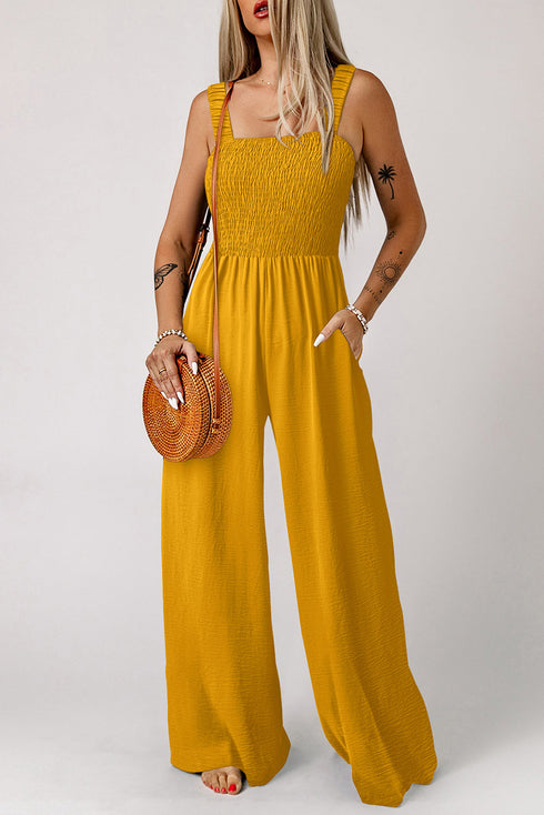 Smocked Sleeveless Solid Wide Leg Pocket Jumpsuit