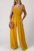 Smocked Sleeveless Solid Wide Leg Pocket Jumpsuit
