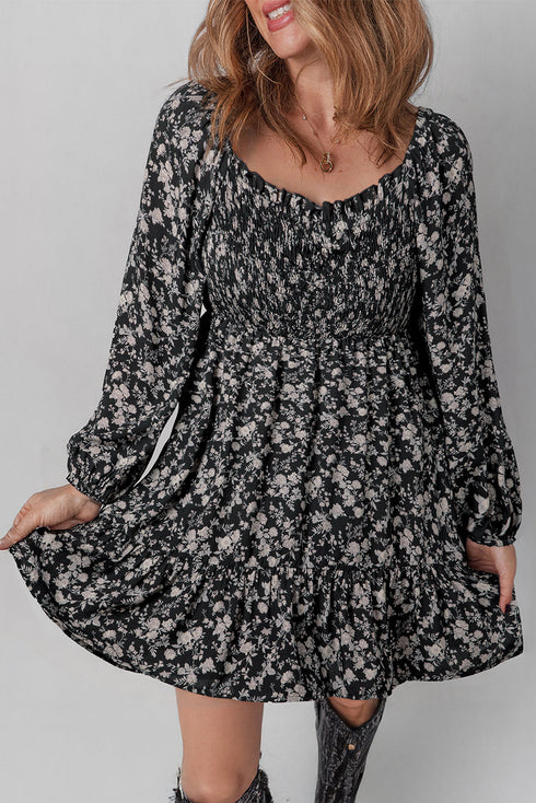 Smocked Square Neck Floral Print Frill Mini Dress