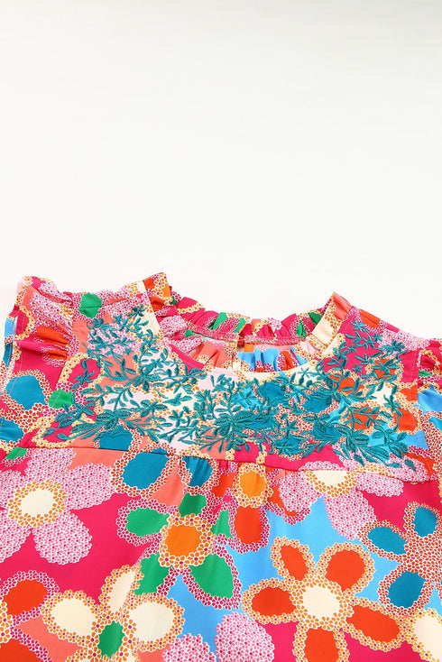 Smocked Square Neck Floral Print Ruffle Tank Top