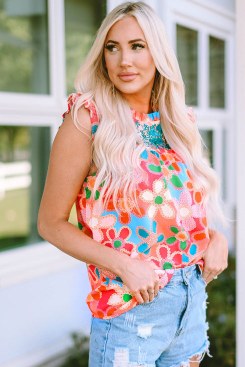 Smocked Square Neck Floral Print Ruffle Tank Top