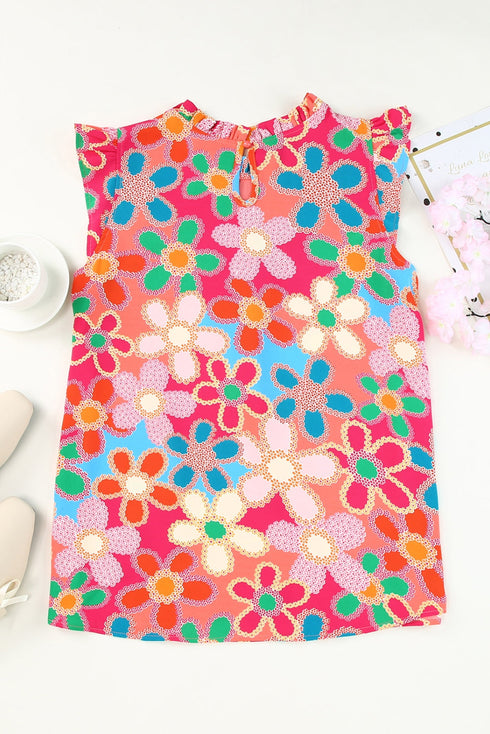 Smocked Square Neck Floral Print Ruffle Tank Top