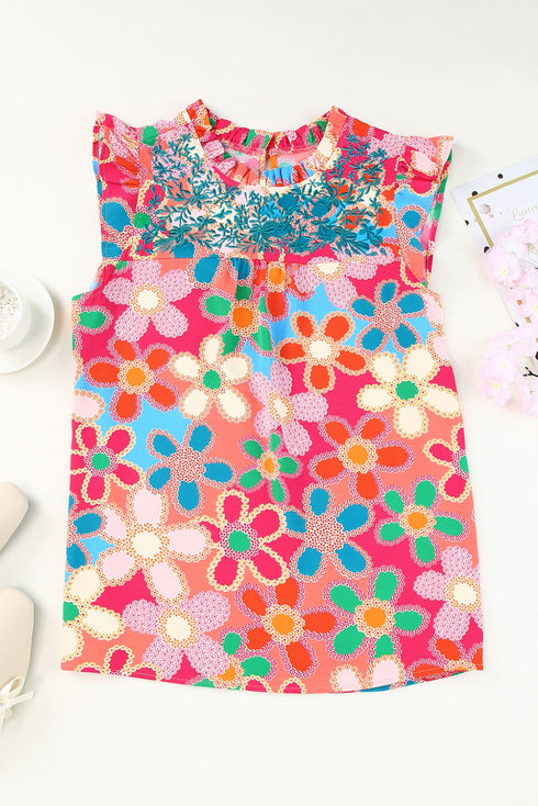 Smocked Square Neck Floral Print Ruffle Tank Top