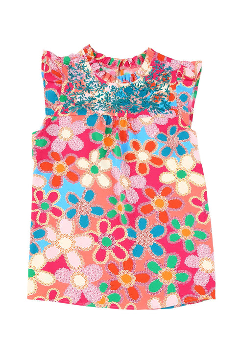 Smocked Square Neck Floral Print Ruffle Tank Top