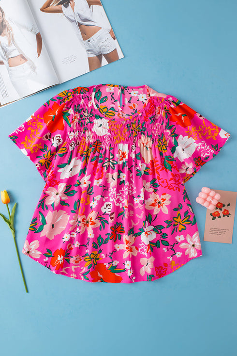 Smocked Square Neck Flutter Sleeve Floral Print Blouse