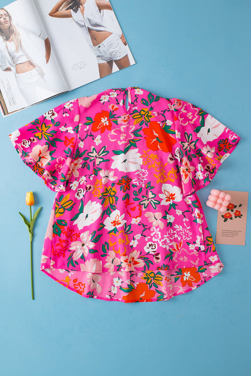 Smocked Square Neck Flutter Sleeve Floral Print Blouse