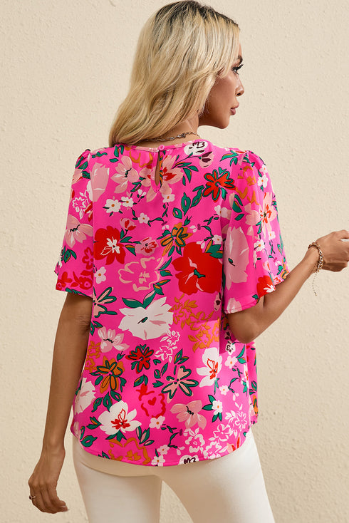 Smocked Square Neck Flutter Sleeve Floral Print Blouse