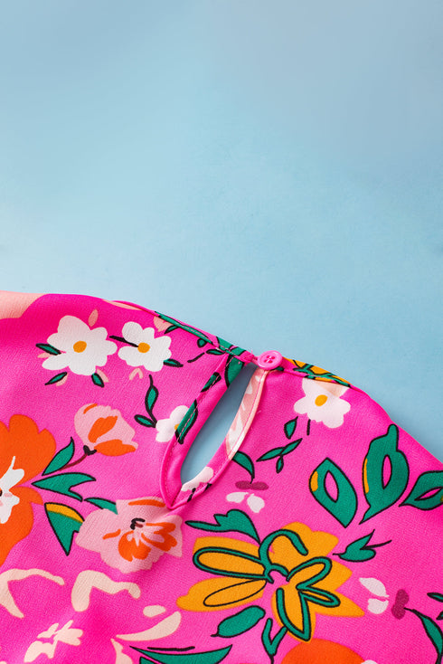 Smocked Square Neck Flutter Sleeve Floral Print Blouse