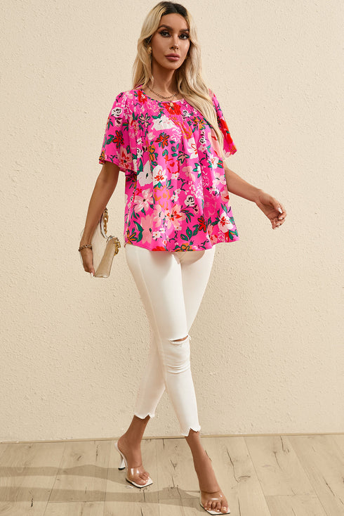 Smocked Square Neck Flutter Sleeve Floral Print Blouse