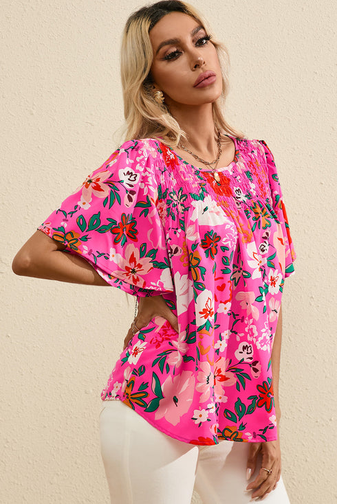 Smocked Square Neck Flutter Sleeve Floral Print Blouse