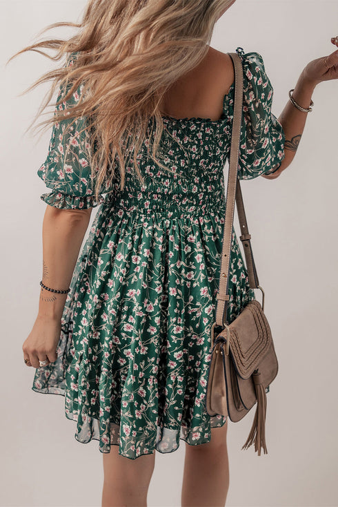 Smocked Square Neck Puff Sleeve Southern Belle Floral Dress