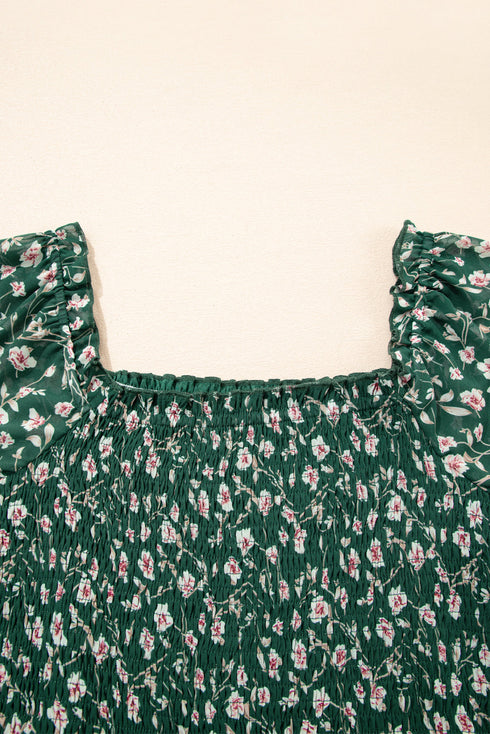 Smocked Square Neck Puff Sleeve Southern Belle Floral Dress