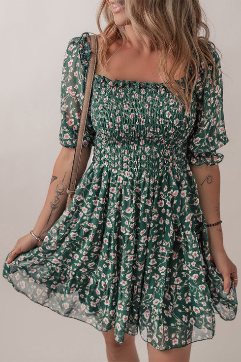 Smocked Square Neck Puff Sleeve Southern Belle Floral Dress