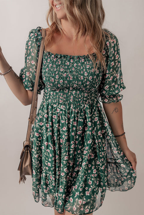 Smocked Square Neck Puff Sleeve Southern Belle Floral Dress