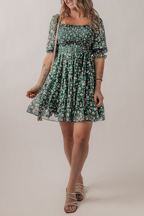 Smocked Square Neck Puff Sleeve Southern Belle Floral Dress
