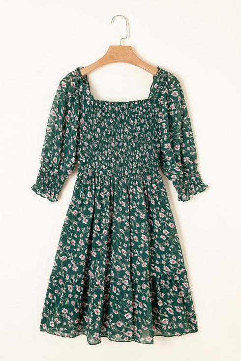 Smocked Square Neck Puff Sleeve Southern Belle Floral Dress