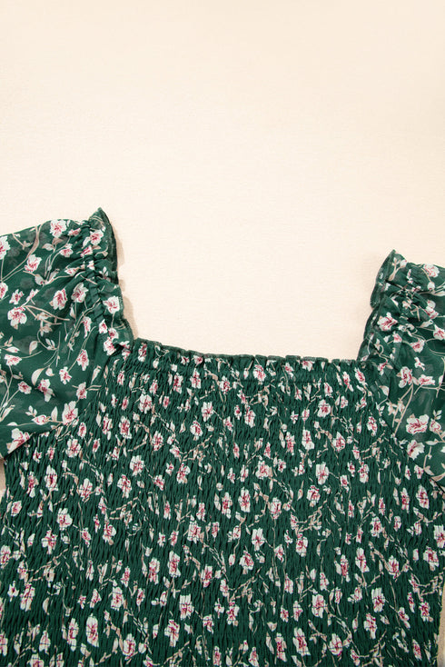 Smocked Square Neck Puff Sleeve Southern Belle Floral Dress