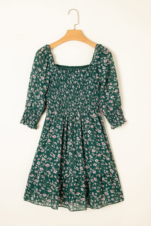 Smocked Square Neck Puff Sleeve Southern Belle Floral Dress