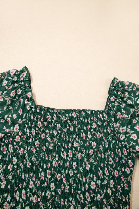 Smocked Square Neck Puff Sleeve Southern Belle Floral Dress