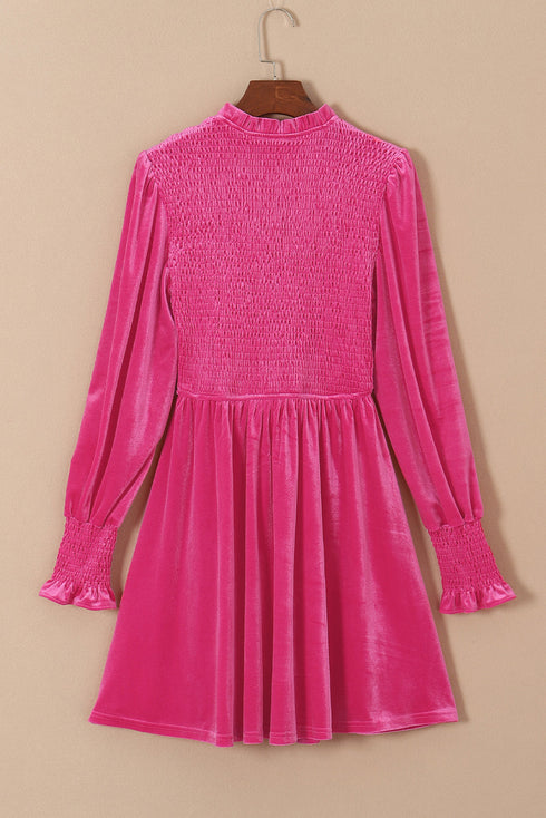 Smocked Velvet Mock Neck Long Sleeve Mini Dress