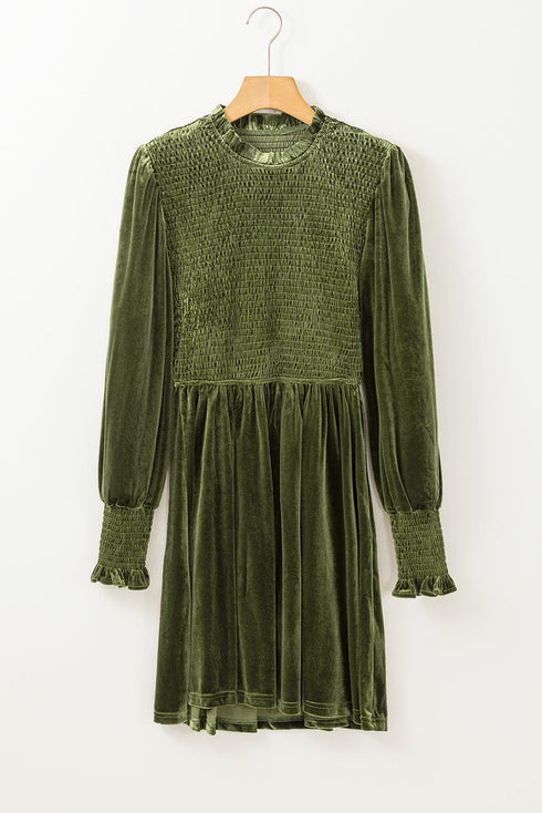 Smocked Velvet Mock Neck Long Sleeve Mini Dress