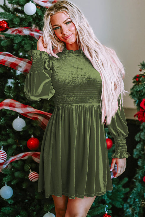 Smocked Velvet Mock Neck Long Sleeve Mini Dress