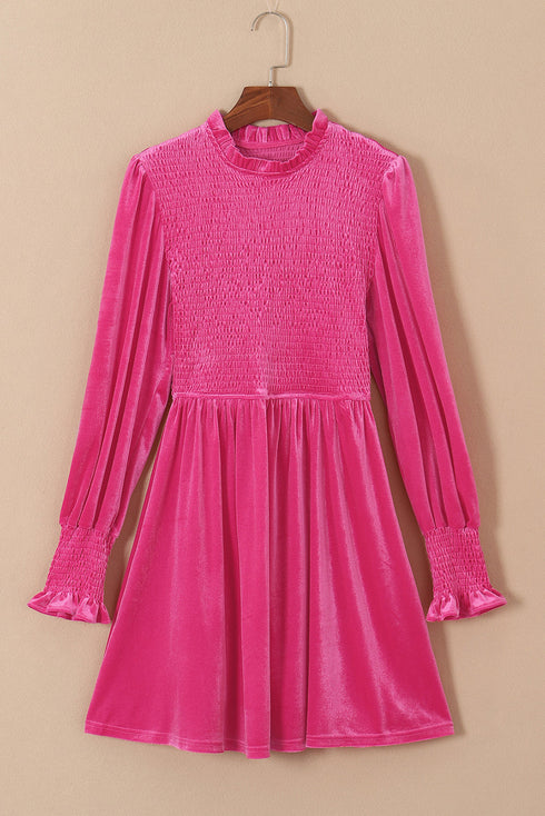 Smocked Velvet Mock Neck Long Sleeve Mini Dress