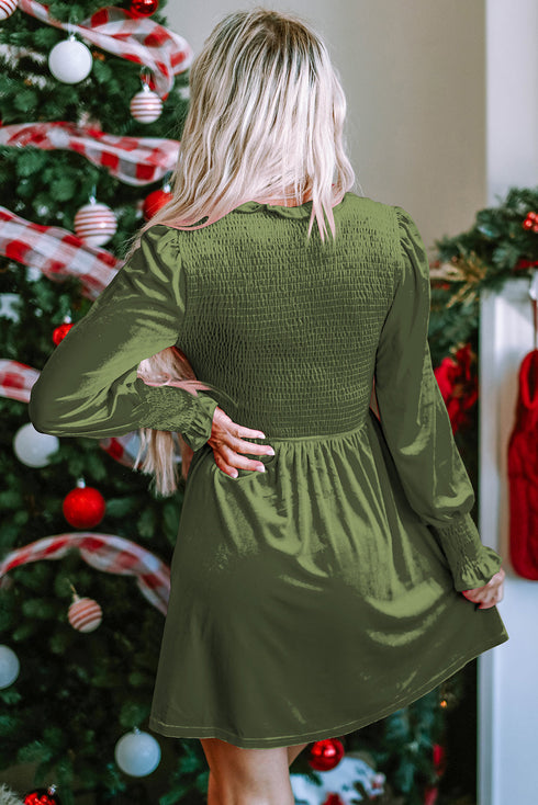 Smocked Velvet Mock Neck Long Sleeve Mini Dress