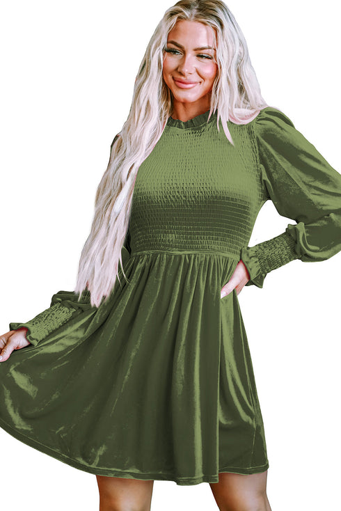 Smocked Velvet Mock Neck Long Sleeve Mini Dress