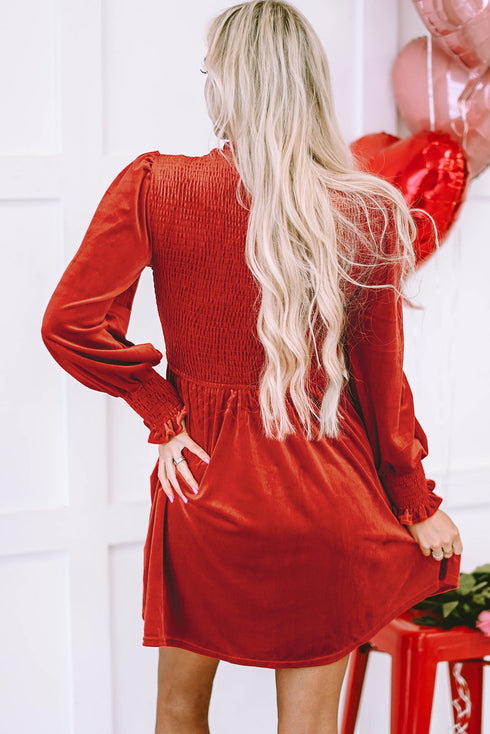 Smocked Velvet Mock Neck Long Sleeve Mini Dress