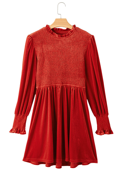 Smocked Velvet Mock Neck Long Sleeve Mini Dress